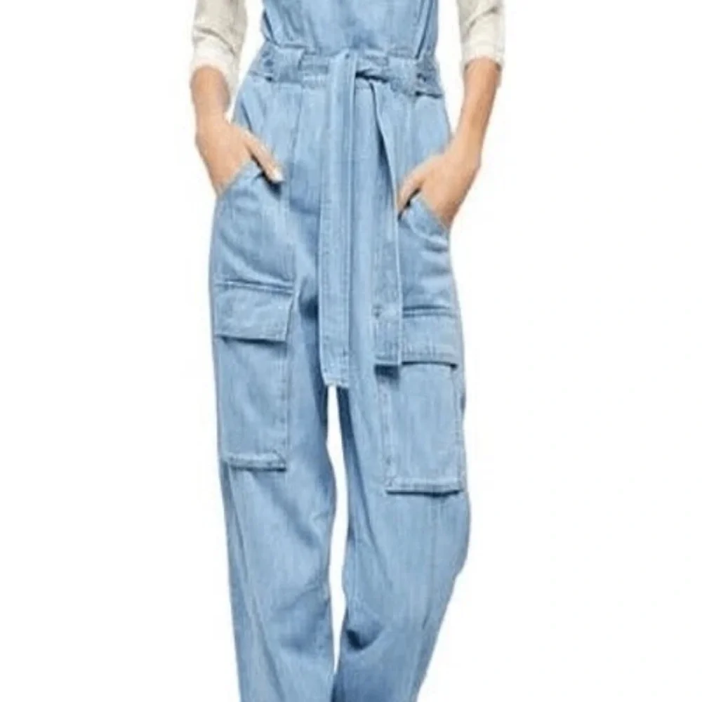 Women's Light Blue Denim Jumpsuit free people size small missing a button - Picture 2 of 13